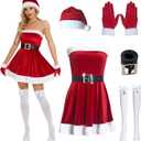 Christmas Dress Women Santa Clause Costume with Santa Belt Gloves, Hat, Bow Knee Socks (X-Large)