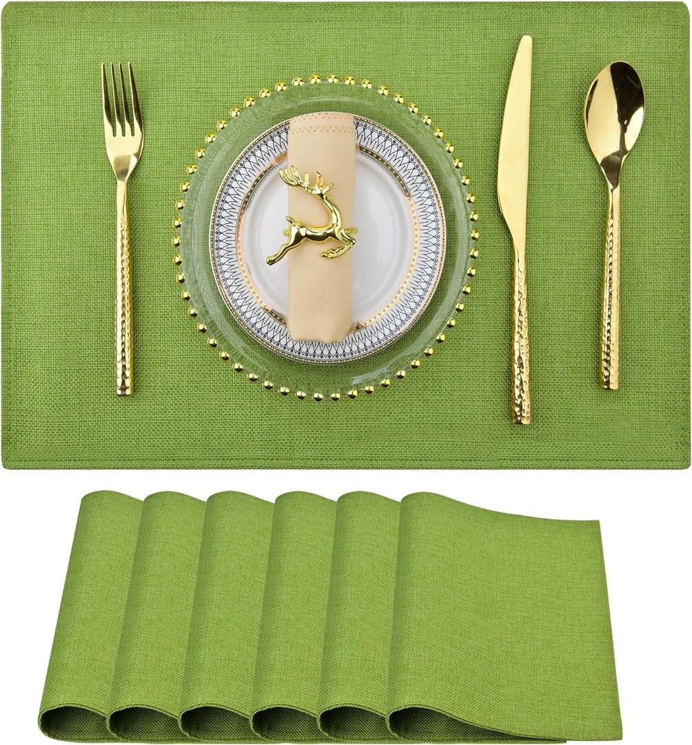 SLKQG Green Linen-Look Placemats Set of 6, Heat Resistant & Machine Washable Double-Layered Cloth Placemats for Dining Table, Indoor/Outdoor Use, Non-Slip Kitchen Table Mats (6, Green)