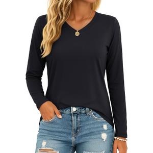 MAGCOMSEN Women's Long Sleeve Shirts V Neck Cotton Basic Tee Soft Breathable Casual Tops Cassic-Fit T-Shirt (Large, Black)