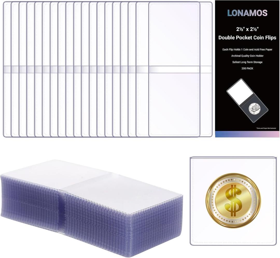 200-Pack 2.5 x 2.5 Inch Double-Pocket-Coin-Flips - Coin Pocket Holders, Unplasticized Coin Sleeves, Vinyl Coin Collection Holder for Long Term Coin Storage, Safety Coin Flips, Vinyl Coin Flips