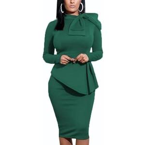 Women's Peplum Bodycon Long Sleeve Wear to Work Dresses Bow Party Club Ruffle Formal Cocktail Pencil Dress