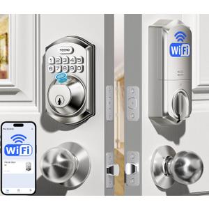 TEEHO TE012W-K WiFi Smart Keyless Entry Door Lock with Handle, Fingerprint Door Knob & Digital Keypad, APP Remote Control, Works with Alexa & Google, Electronic Deadbolt for Front Door, Satin Nickel