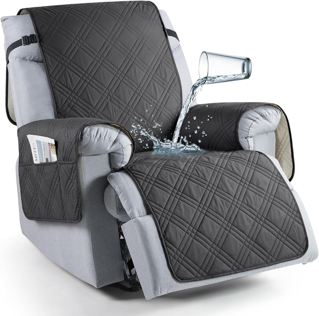 TAOCOCO Waterproof Recliner Chair Covers 30 Inch Wide, Oversized Recliner Covers for Recliner Chair with Pocket, Recliner Slipcovers with Straps Furniture Protector for Kids Pets (30'', Charcoal Gray)