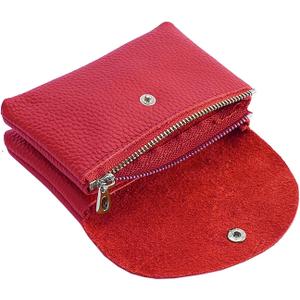 Genuine Leather Mini Change Wallet, Multifunction Zipper Pocket Key Credit Card Headset Lipstick Organizer (Red)