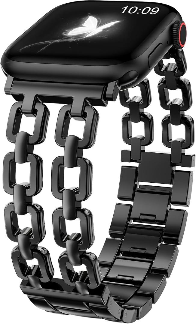 Wearlizer Compatible with Apple Watch Bands 41/40/38/44/45/46/49/42mm Women, Dressy Fancy Metal Chain Pretty Strap Designer Gold Silver Link Bracelet for iWatch Ultra SE Series 10 9 8 7 6 5 4 3 2 1, Black