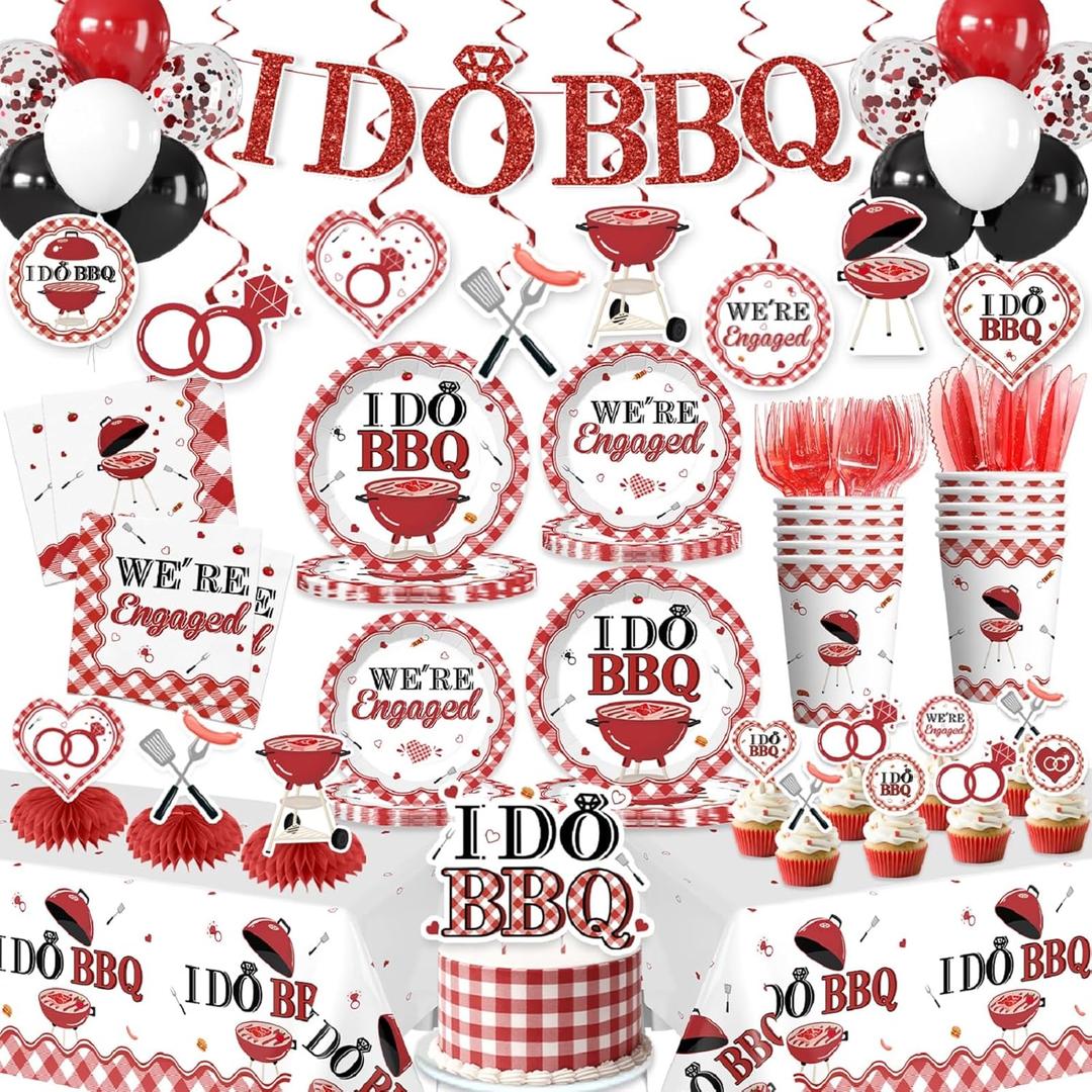 205 Pcs I DO BBQ Decorations - Serves 25 Guests - All-in-One Picnic Party Decorations Kit Includes 350psm Plates, Tablecloths and Toppers, BBQ Themed Party Supplies