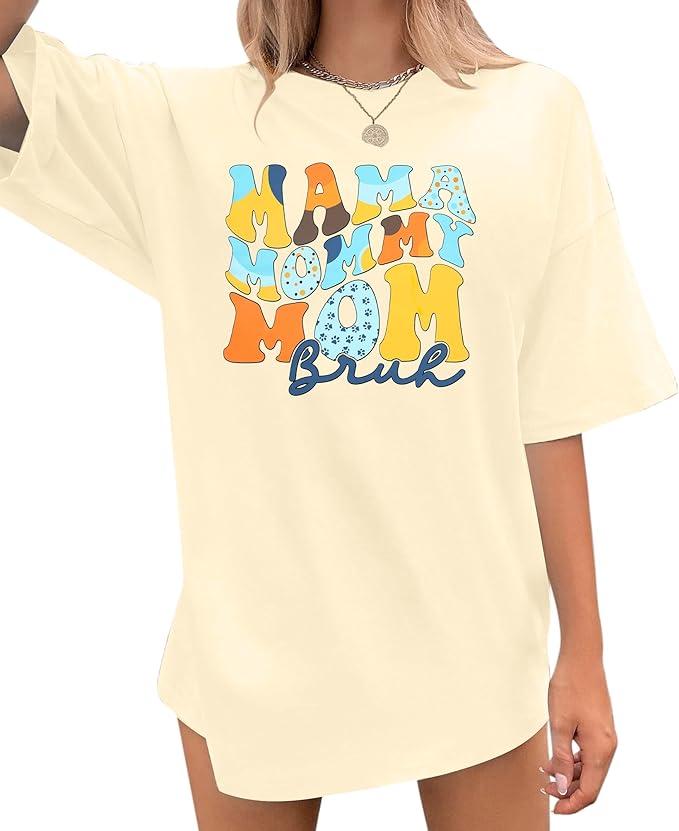 Mom Shirts for Women Mama Mommy mom Bruh T Shirts Mother's Day Funny Casual Oversized Tee Tops Apricot M