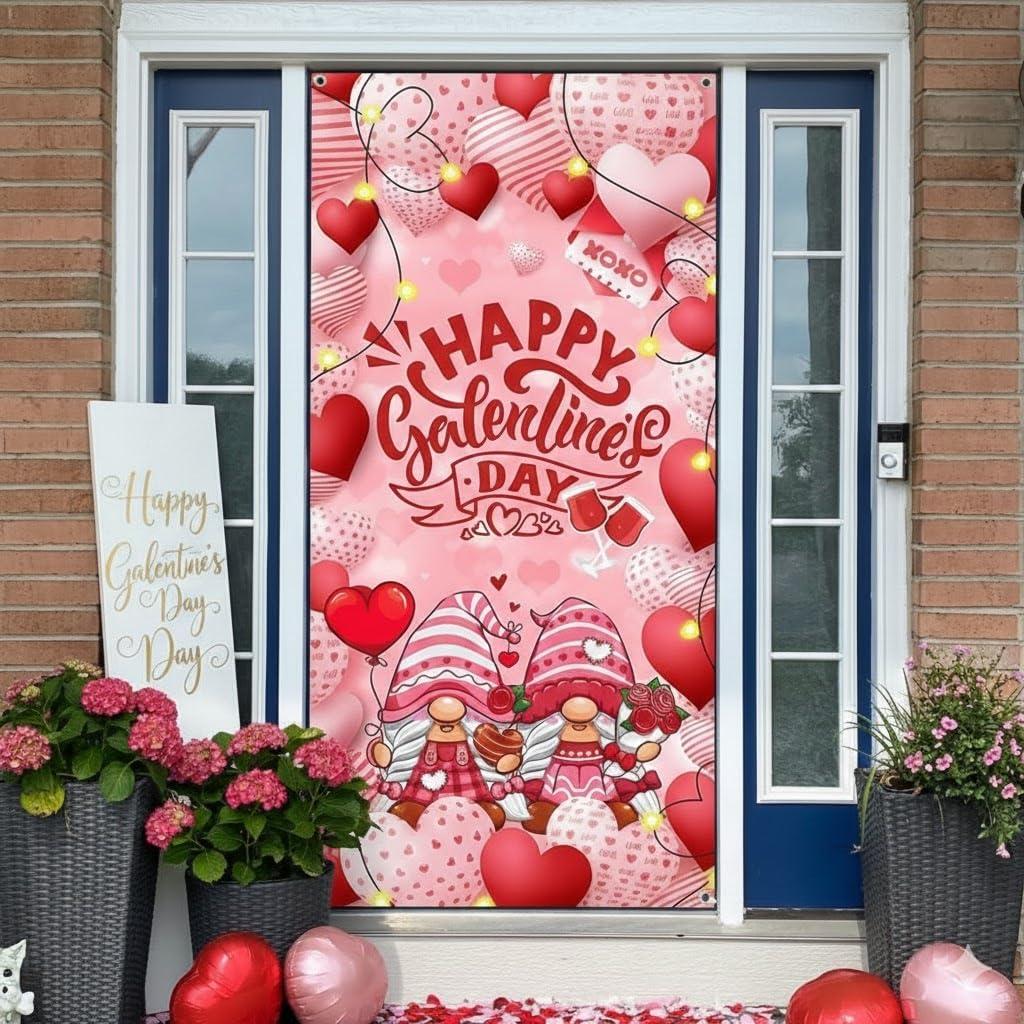Aperturee Happy Galentine's Day Door Cover Banner, 72" x 35" Valentine's Day Decorations, Heart and Balloon Front Door Decor for Galentines Day Party Supplies