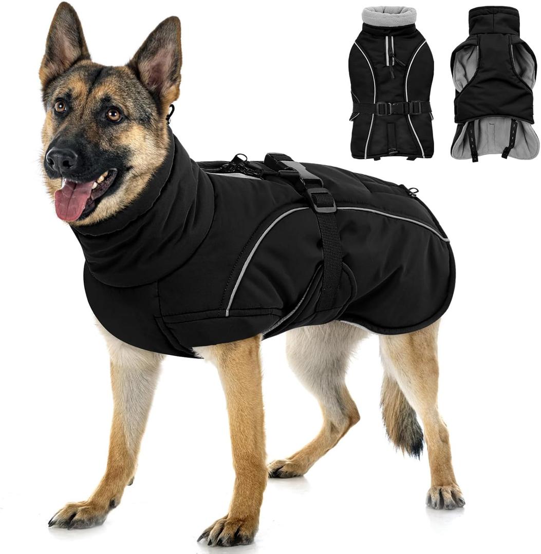 Queenmore Winter Dog Coat Warm Dog Jacket Vest Waterproof Puffer Fleece Snowsuit Adjustable Buckle Leash Hole Reflective Cold Weather Parka for Small Medium Large Dogs Girl Boy Black XXL