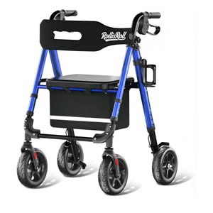 Walkers for Seniors Taller 5.3~7ft, Lightweight Foldable Rollator Walker, Built in Cable, Reinforced Aluminum Frame, 8" Big Rubber Wheels for All Terrain, 350lb Weight Capacity, Blue