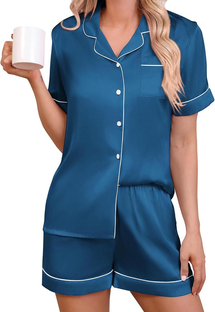 KCW Pajamas for Women Set 2 Piece Silk Satin Lounge Sets Short Sleeve Top and Shorts Pj Set Button Down Sleepwear, XXL