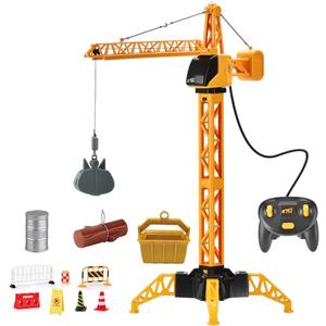 28-Inch RC Construction Tower Crane Toy for Kids, 4 Channel Remote Control Crane Toy with LED Light, Grabber, Log, Lifting Basket, 360 swivel, STEM Educational Learning Toys for Boys Ages 3 and Up, 28 inches x 12 inches x 20 inches