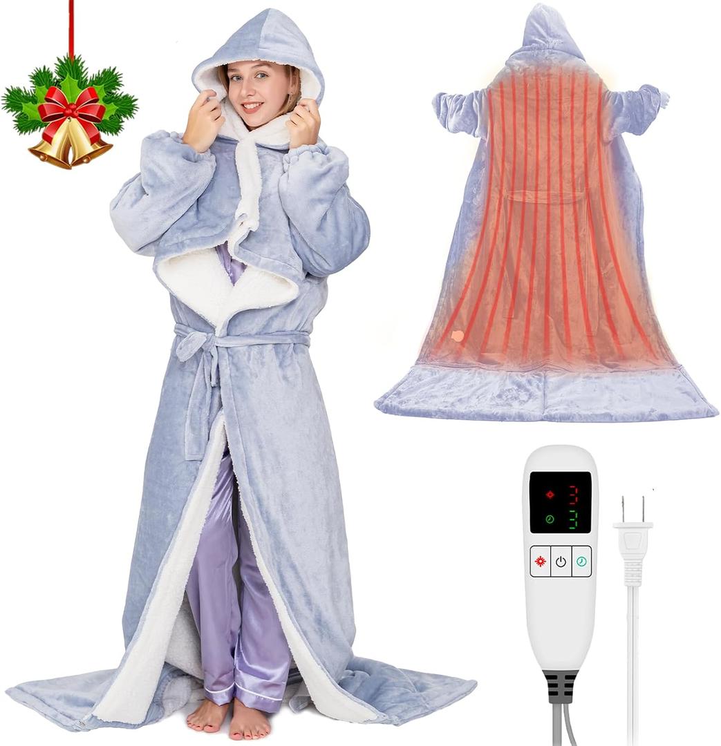 Electric Heated Blankets Hoodie for Women with Removable FootPocket,Wearable Heated Blanket Throw with Sleeves Heated Robe Flannel&Sherpa Heating Wrap Poncho Shawl with 9 Temp 50"x80"