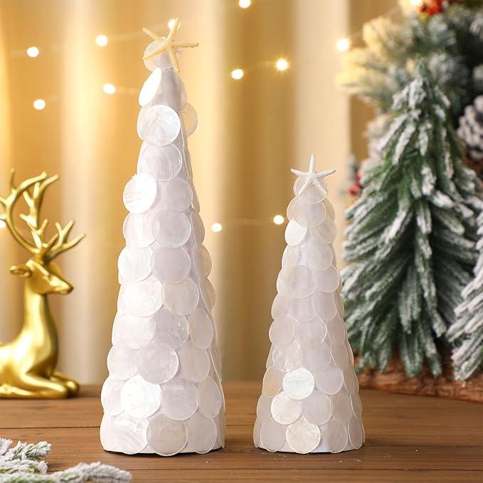 AceOrbit 2 Pack Capiz Shell Christmas Tree Table Decoration 8" 12" White Coastal Christmas Tree Table Centerpiece Artificial Ocean Seashells Tabletop for Xmas Winter Coastal Mantle Shelf Party Favor