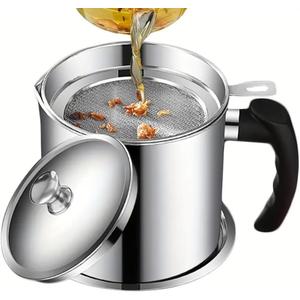 Bacon Grease Container with Strainer & Lid, 43oz Stainless Steel Grease Saver for Kitchen, Leakproof Oil Keeper with Non-Slip Handle, Fry Fat Storage Organizer for Cooking Oil/Grease