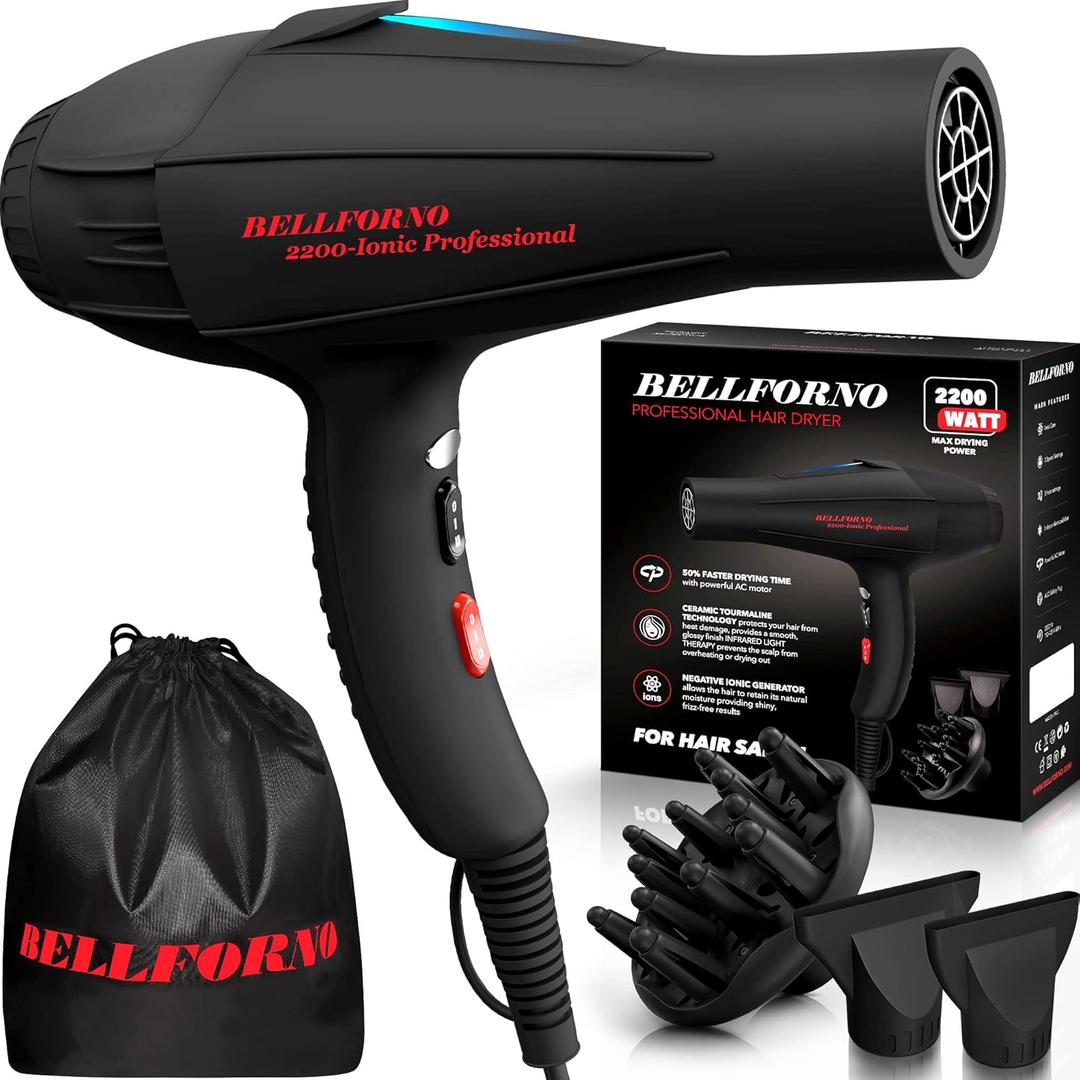 Professional 2200W Diffuser Hair Dryer for Curly and Natural Wavy Hair, Low Noise Negative Ionic Blow Dryer with Diffuser, The New Upgraded Motor & Ceramic Technology for Fast Drying by BELLFORNO (Black)