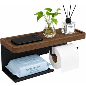 Toilet Paper Holder with Walnut Wide Shelf, Adhesive or Screw Wall Mount, SUS304 Stainless Steel Tissue Dispenser for Bathroom Washroom,Matte Black