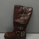 Athlefit Women's Knee High Riding Boots Fashion Buckle Square Toe Chunky Heel Wide Calf Biker Brown Boots Size 5.5, Missing Boots