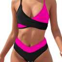 Tainehs Women's Bikini Sets Two Piece Swimsuit V Neck Twist Front V Cut Bottom Bathing Suit (Black&hot Pink) Small