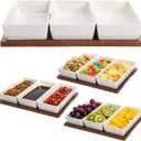 Elsjoy 3-Section Serving Tray, Wood Divided Serving Dish with Ceramic Bowls, 3-Compartment Food Platter Dipping Tray for Appetizer, Fruits, Bread