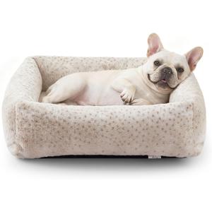 JOEJOY Small Dog Bed for Small Dogs, Removable Washable Cover Orthopedic Soft Faux Rabbit Fur Pet Bed, Anti-Slip Fluffy Plush Puppy Bed, 20"x19"x6", Leopard Print, Beige