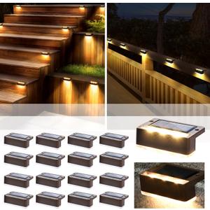 SOLPEX Solar Fence Lights, 6 LEDs Solar Lights Outdoor Waterproof Solar Powered for Deck, Stair, Front Porch, Balcony, Walkway, Garden, Yard, Patio, Pool Decor, IP65 Waterproof (16 Pack, Warm White) (Brown)