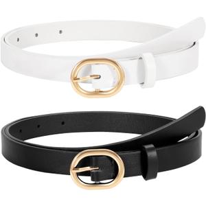 WERFORU 2 Pack Women's Skinny PU Leather Belt with Gold Buckle Ladies Thin Leather Plus Size Waist Belt for Jeans Dress (Fit Waist Size 31-36 Inches, C-black+white)