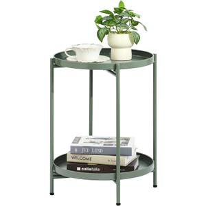 2-Tier Round End Side Table, Small Metal Side Table with Removable Tray, Folding Accent Tables for Living Room, Balcony, Nightstand for Bedroom, Outdoor Tables for Patio, Sage Green, 15.75" x 15.75" x 20.47"