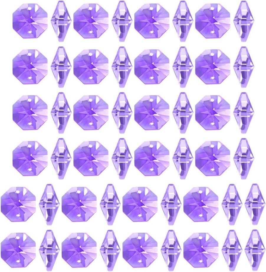 uxcell 50Pcs Crystal Glass Beads Purple Octagonal Drops Chandelier Pendants Decoration for DIY Light Accessories 14 * 7.6mm