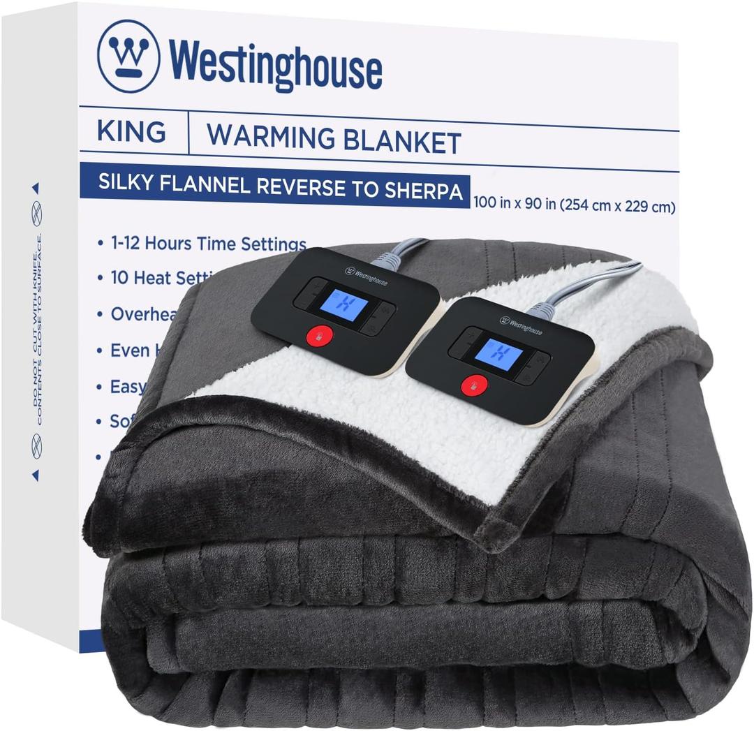 Westinghouse Electric Blanket King, Heated Blanket King Size with 10 Heating Levels and 1 to 12 Hours Heating Time Settings, Flannel to Sherpa Reversible, Machine Washable (90" x 100", Charcoal)