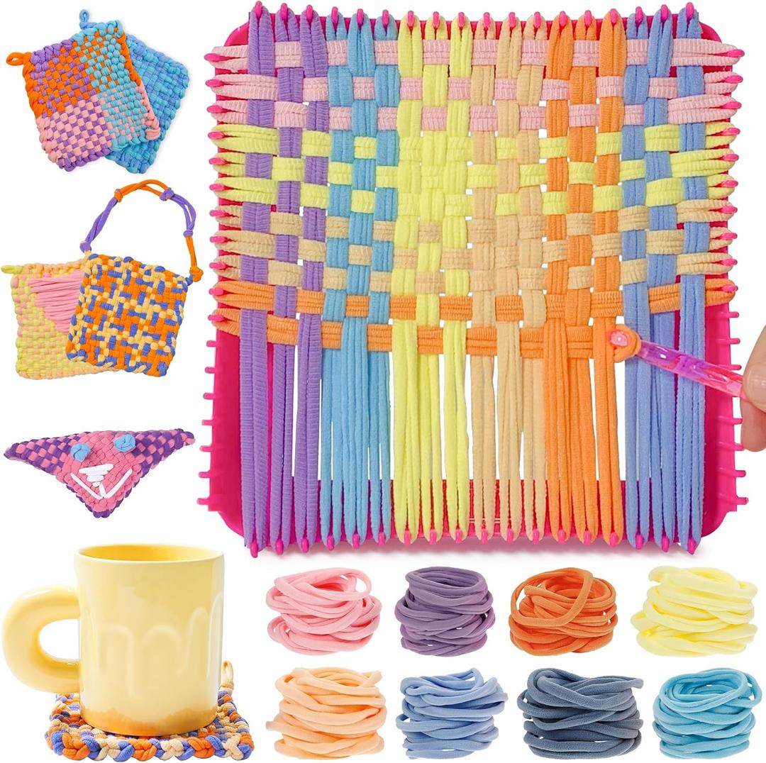 ZJEFUNS Weaving Loom Kit Toys for Kids and Adults DIY Arts and Crafts for Girls Ages 5 6 7 8 9 10 12, Pot Holder Loom Knitting Kits Includes 8 Color Craft Loops for Beginners