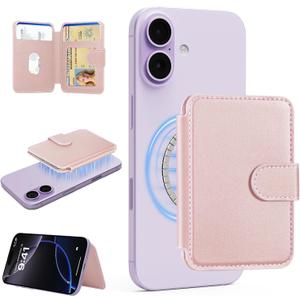 TopMade for Magsafe Wallet, Strongest Magnetic Card Holder for iPhone 17/16/15/14/13/12 Series, Slim Magnetic Phone Wallet, 4 Cards Holder, Vegan Leather, RFID Blocking, Open ID Window, Pink