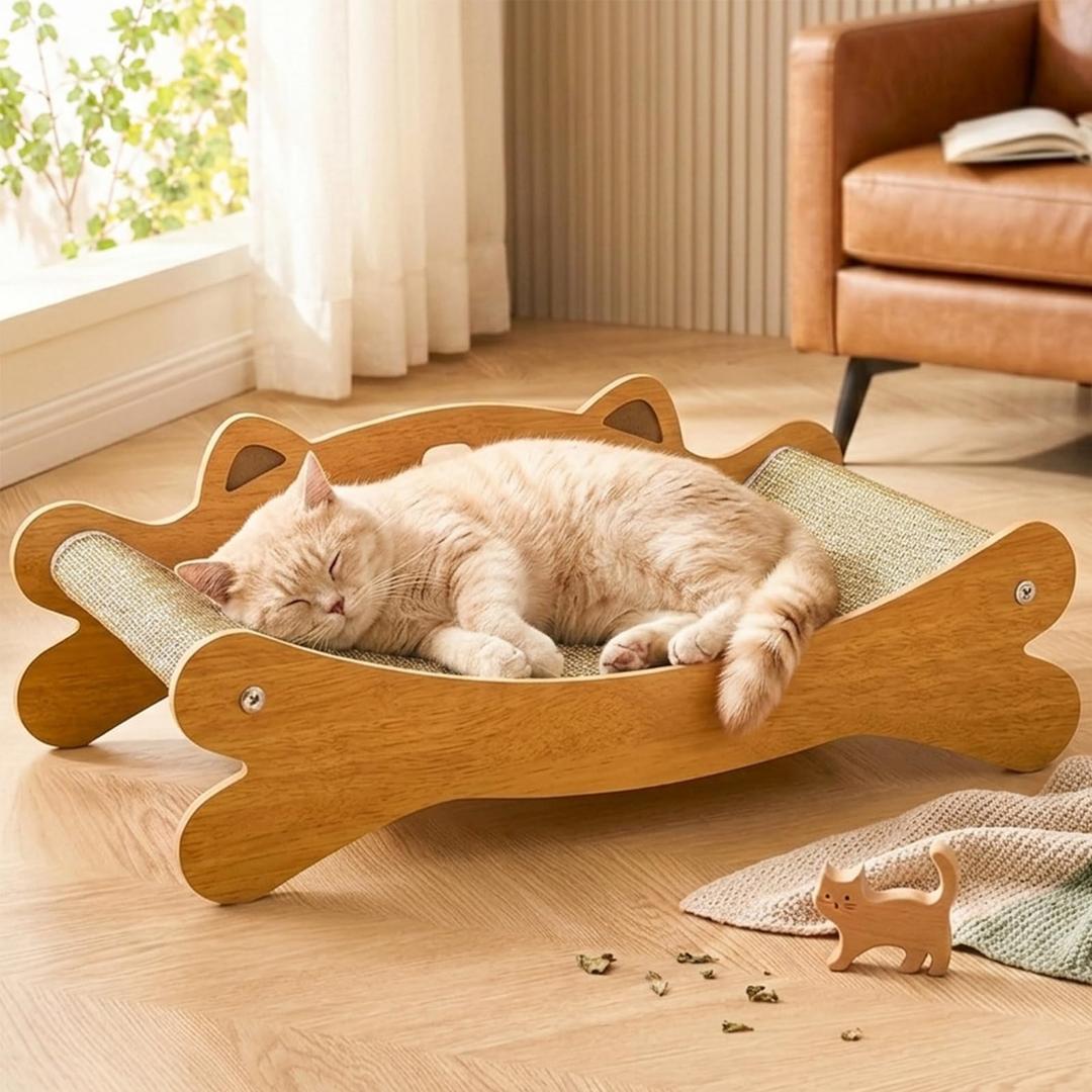 RizzQi Cat Scratcher Bed for Indoor Cats - Summer Cool Hammock, 23.2 Large Scratching Lounge with 40 lbs Weight Capacity, Wooden Modern Cat Scratching Post & Pad Furniture