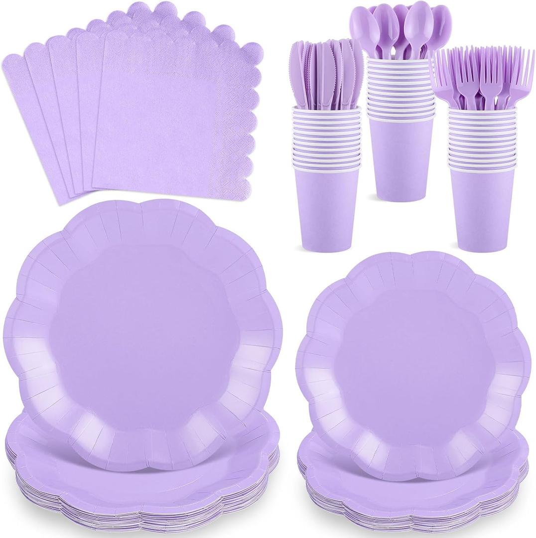 175 Pcs Light Purple Plates and Napkins Set, 25 Guest Purple Party Supplies Include Scalloped Plate Paper Napkin Cup Forks Knives Disposable Plastic Cutlery for Wedding Baby Shower Birthday Party