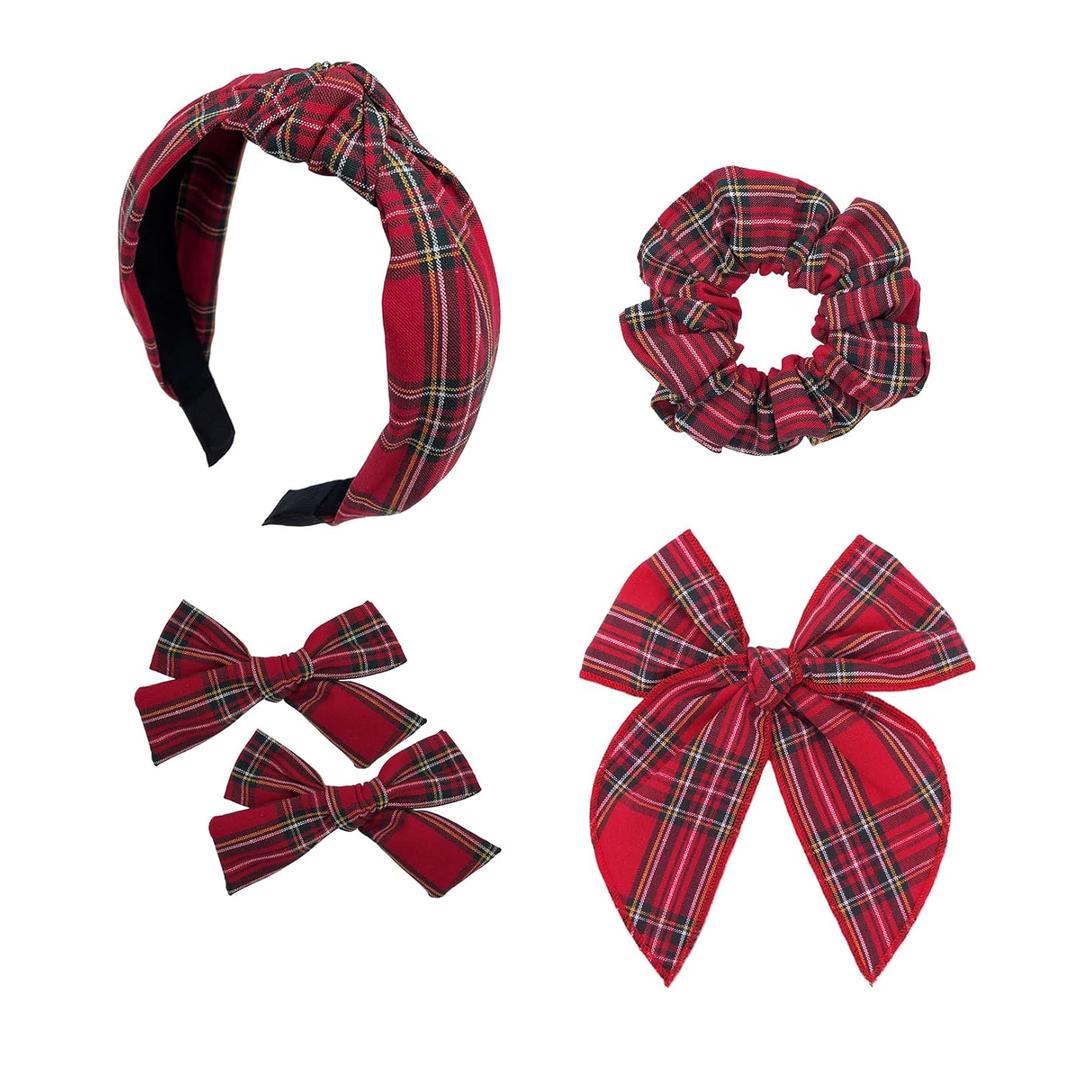 5 Pcs Plaid Headband Set - Padded Scrunchies Bow, Christmas Hair Clips Accessories for Girls (Red)