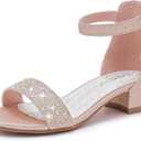 Dufannie Girls Sandals Low Heels Dress Pump Ankle Strap Open Toe Flower Girl Wedding Party for Toddler Little Big Kid (Single Rhinestone Rosegold, 12)