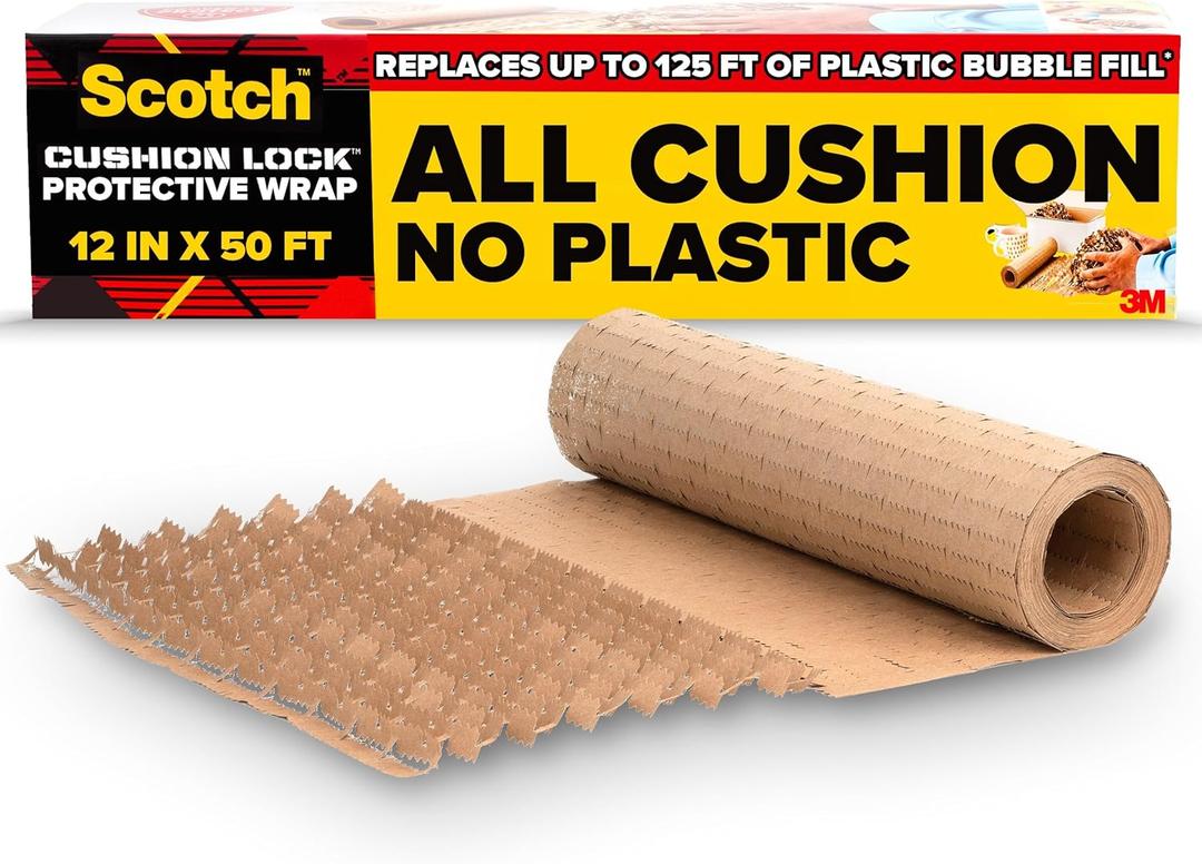 Scotch Cushion Lock Protective Wrap, 12 in x 50 ft, Sustainable Packaging Solution for Packing, Shipping and Moving, No Scissors or Tape Needed, Great Alternative to Bubble Cushion Wrap (PCW-1250)