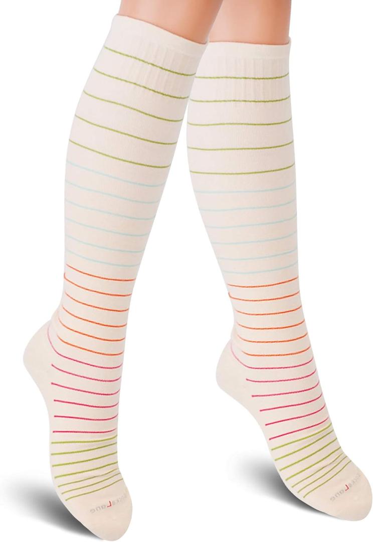 SocksLane Cotton Compression Socks, 1520 mmHg Graduated Support, Knee-High Medical Compression (Nude Stripes M/L)