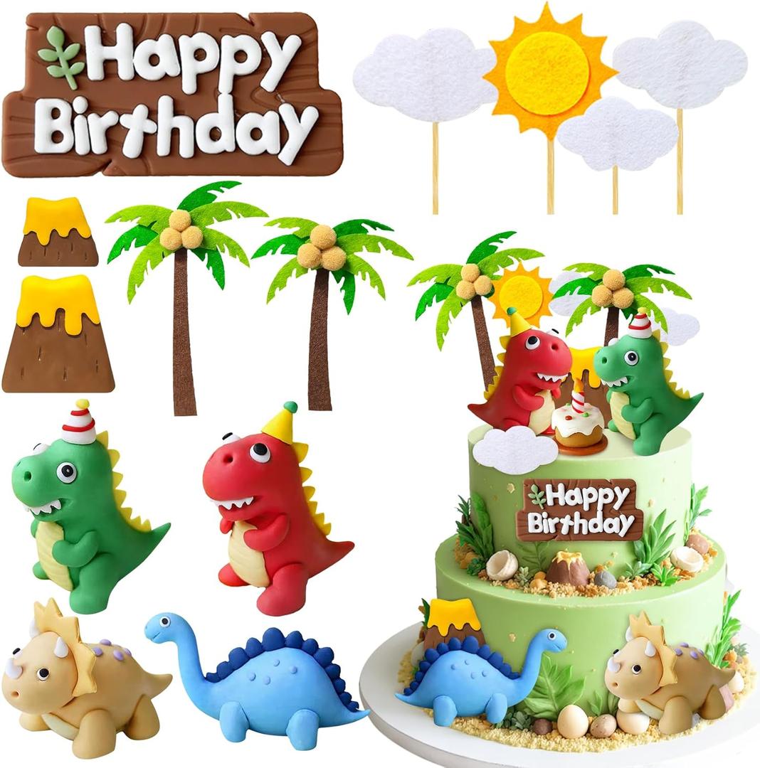 13Pcs Dinosaur Cake Toppers Dinosaur Cake Decorations with Happy Birthday Cake Topper for Dinosaur Baby Shower Birthday Party Supplies
