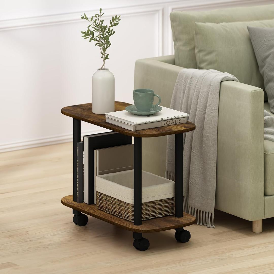 Furinno Turn-N-Tube Side Table, 2-Tier Oval Sofa End Table with Wheels, Toolless Assembly Night Stand, Bedside Table with Open Shelf, for Living Room, Bedroom, Amber Oak