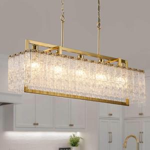 35.4" Gold Crystal Modern Chandelier for Dining Room, Chandeliers with Water Ripple Glass, Adjustable Chain Length,Luxury Rectangular Pendant Light Fixture for Kitchen Island Living Room