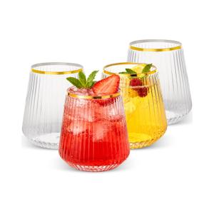 Goodluck 120 Pack 12oz Stemless Ribbed Plastic Wine Glasses Gold Rim