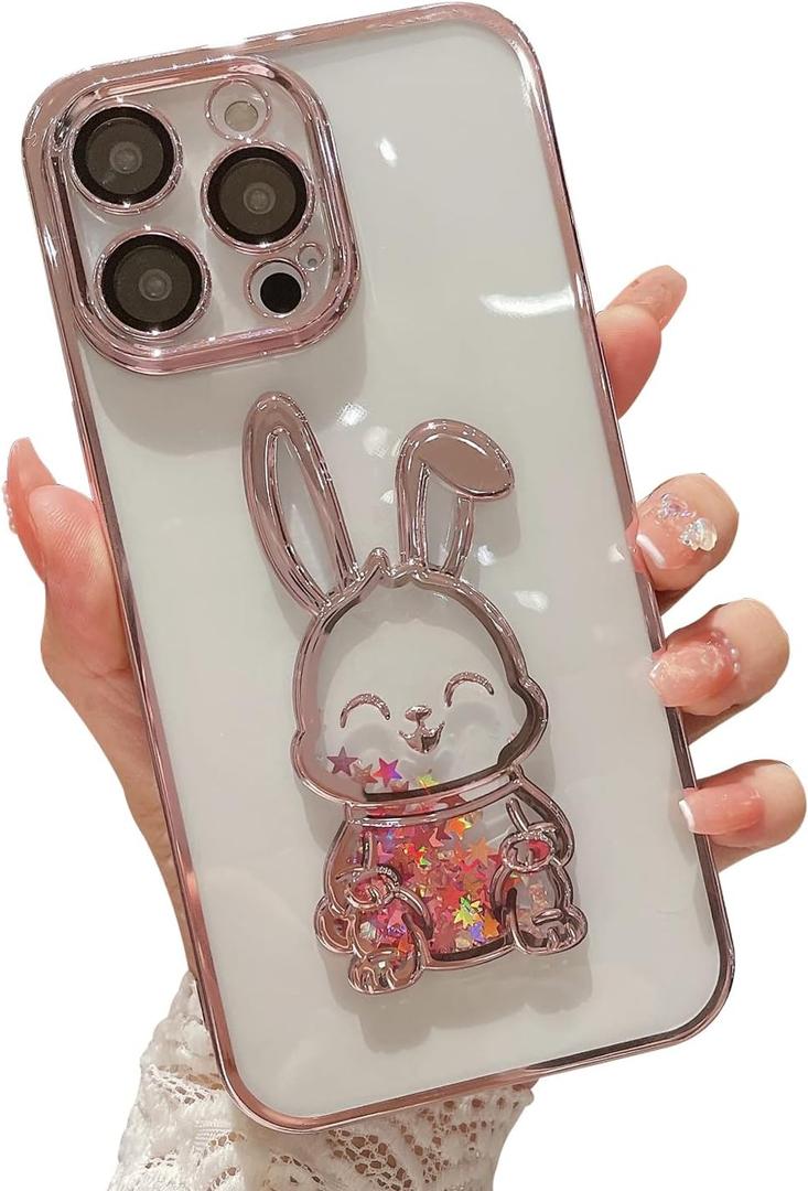 for iPhone 14 Pro Max Phone Case with Camera Lens Protector, Luxury Electroplated Cute Rabbit Glitter Quicksand Women Girls Cover Compatible for iPhone 14 ProMax (Liquid Pink)