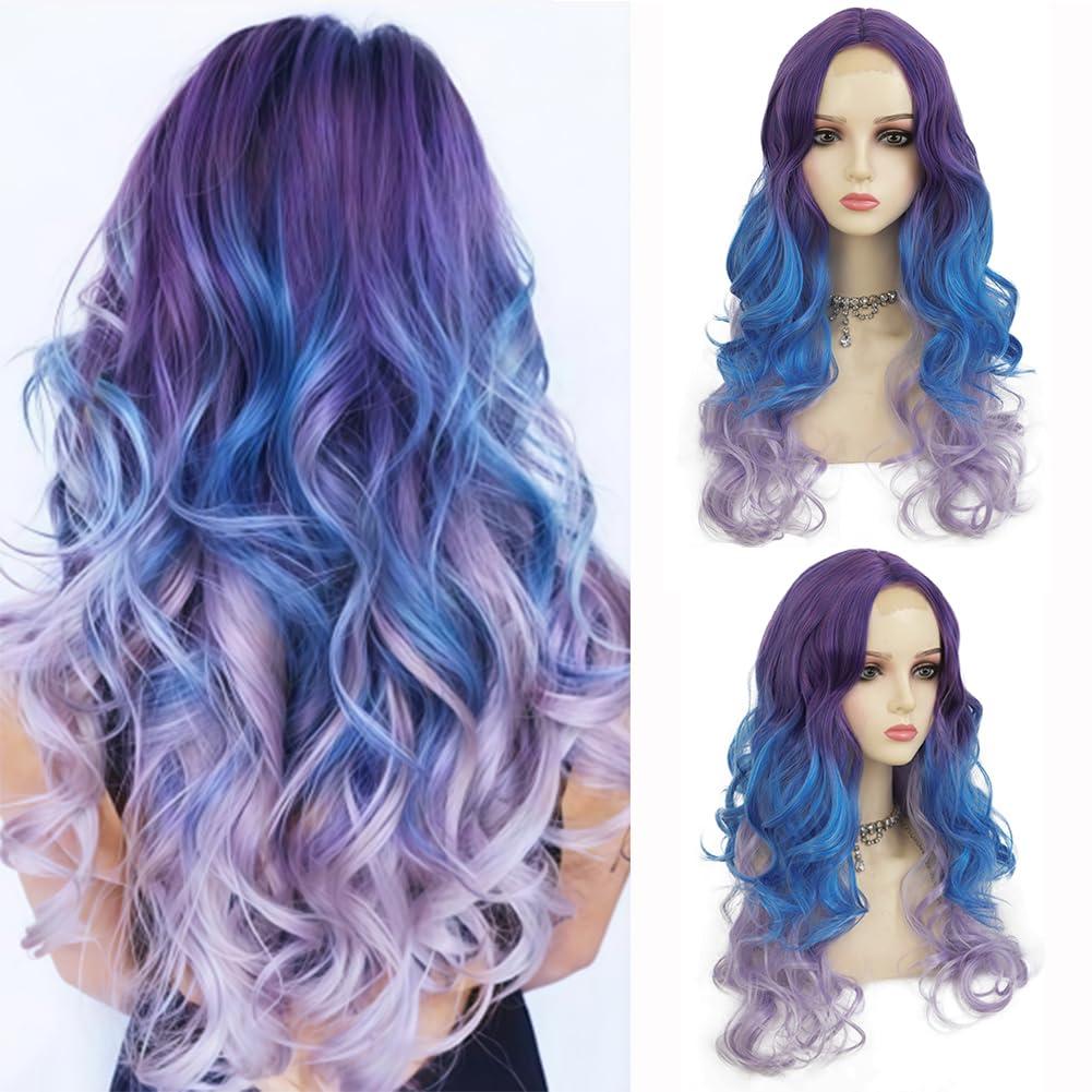 Blue Purple Long Curly Wavy Wig for Women Middle Part Natural Soft Looking Synthetic Cosplay Halloween Costume Hair Wig