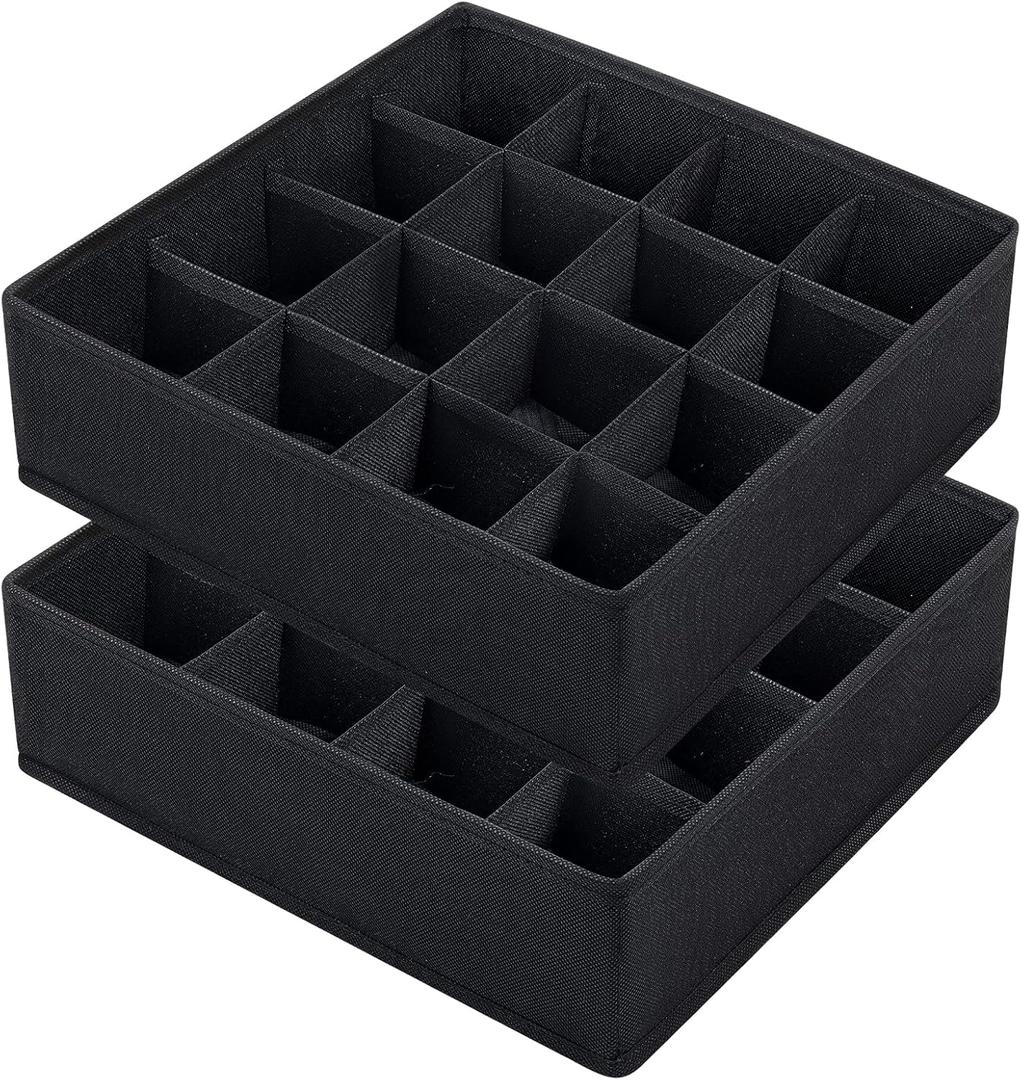 Joyoldelf Sock Drawer Organizer Divider, 16-cell Underwear Organizers and Storage Fabric Drawer Organizer for Socks, Lingerie, Handkerchiefs, Ties Black, 2 Packs
