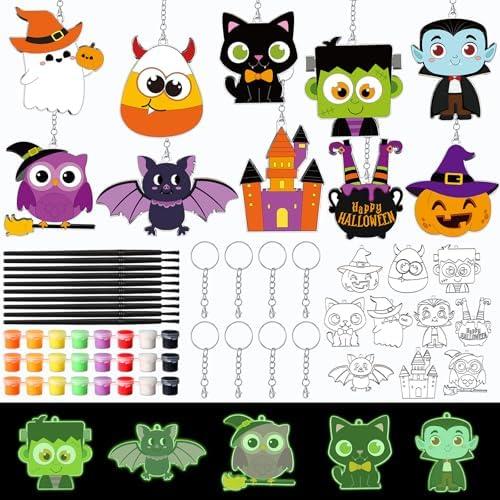 Capoda 30 Set Halloween Glow in The Dark Crafts Kit Pumpkin Boo Bat Luminous DIY Keychains Unfinished Make Your Own Suncatcher Paint Keychains for Halloween Party Favors Supplies Activities