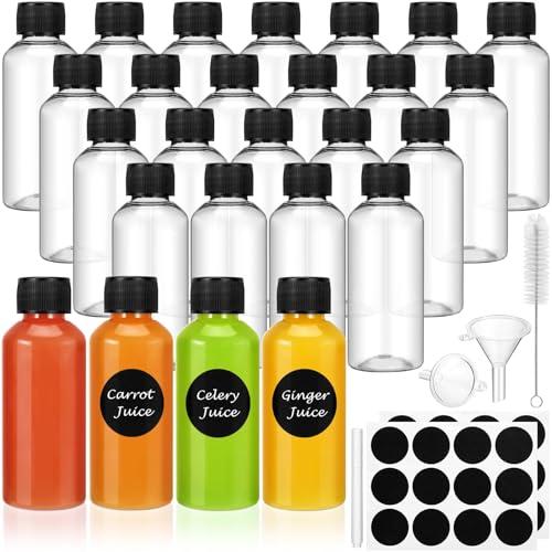 Revahope 16 Pack 2 oz Shot Bottles with Caps, Mini Reusable Plastic Ginger Shots Bottle Leakproof Juice Shot Bottles with Lids for Juice, Oil and Liquid Samples, Small Containers for DIY, Travel