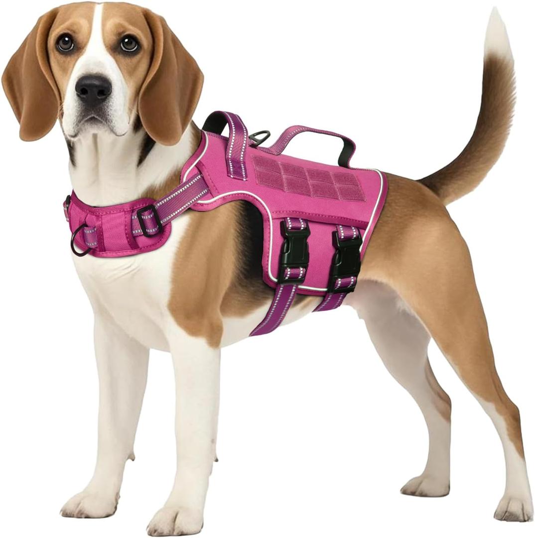 Tactical Dog Harness Medium Sized, Heavy Duty No Pull Dog Harness with Handle, Easy On and Off Service Dog Vest with Molle System, Reflective Pet Vest for Walking Hiking Training, M(Neck:17-23",Chest:22-32"),35-50 lbs, Pink