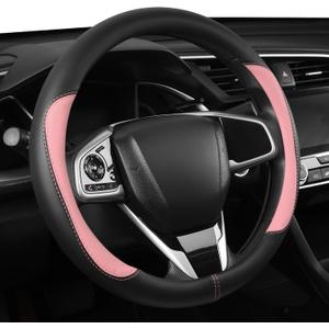 Car Steering Wheel Cover,Microfiber Leather Steering Wheel Cover Universal 14.5-15 inch, Anti-Slip Breathable Auto Wheel Cover Protector for Men Women (Black&Pink)