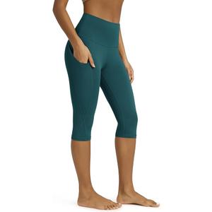 ODODOS Women's High Waisted Yoga Capris with Pockets, Tummy Control Non See Through Workout Athletic Running Capri Leggings, Large